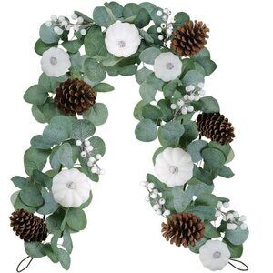 White Pumpkin Garland Artificial Eucalyptus Garland with White Pumpkins Pinecone
